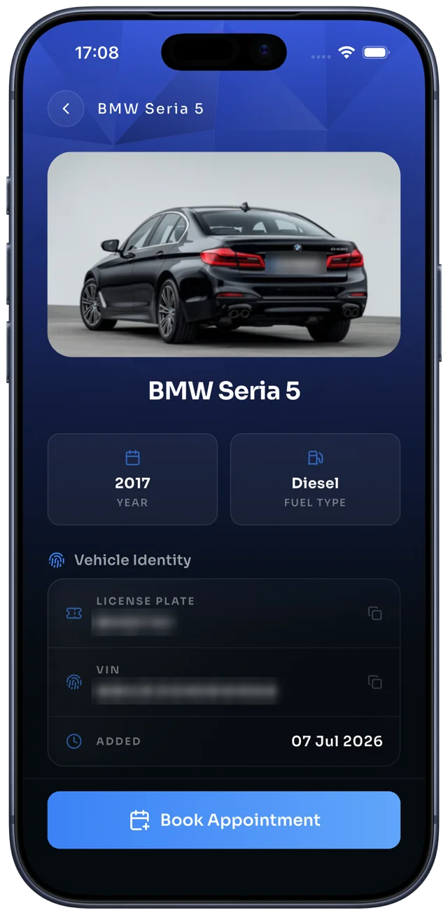 Aplicația Car Revio, fișa mașinii cu programare la service
